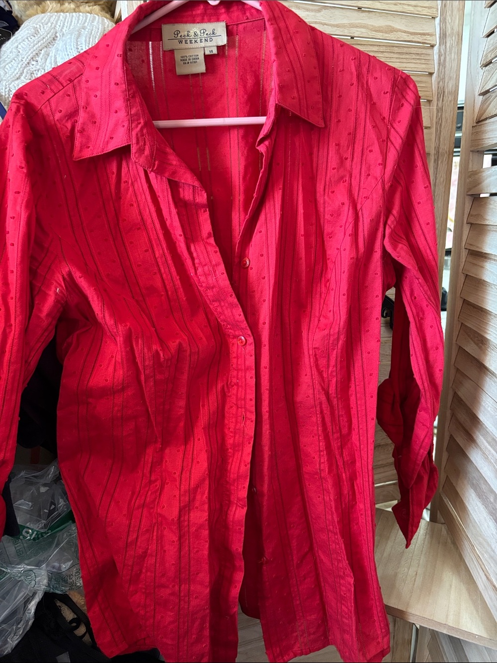 Peck & Peck Bright Red Textured Button-Down Shirt 14